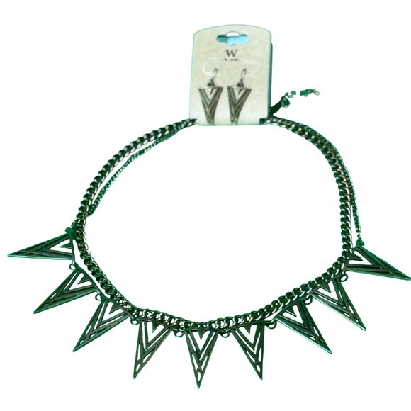 W Necklace Earring Set Triangle Pendants Geometric Design Double Chain Gold-Tone - Picture 5 of 14